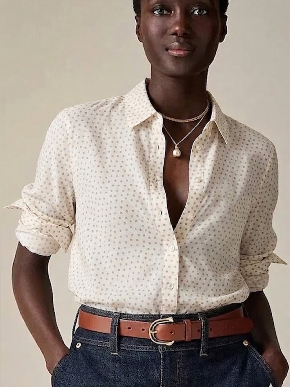 Rachel Zoe White & Gold Polka Dot Linen Shirt - Size L